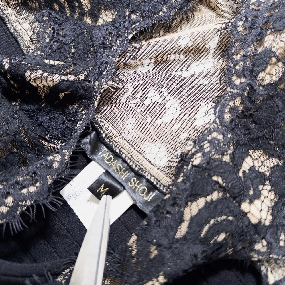 Tadashi Shoji Pintuck Peplum Sleeveless Stretch Sheer Lace Dress Black Medium - Image 10