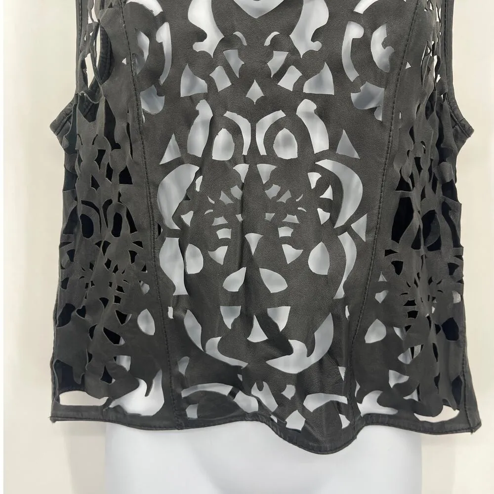 Topshop Leather Laser Cut Womens Top Sz 6 Black Edgy Festival Y2K Boho Rocker - Image 3