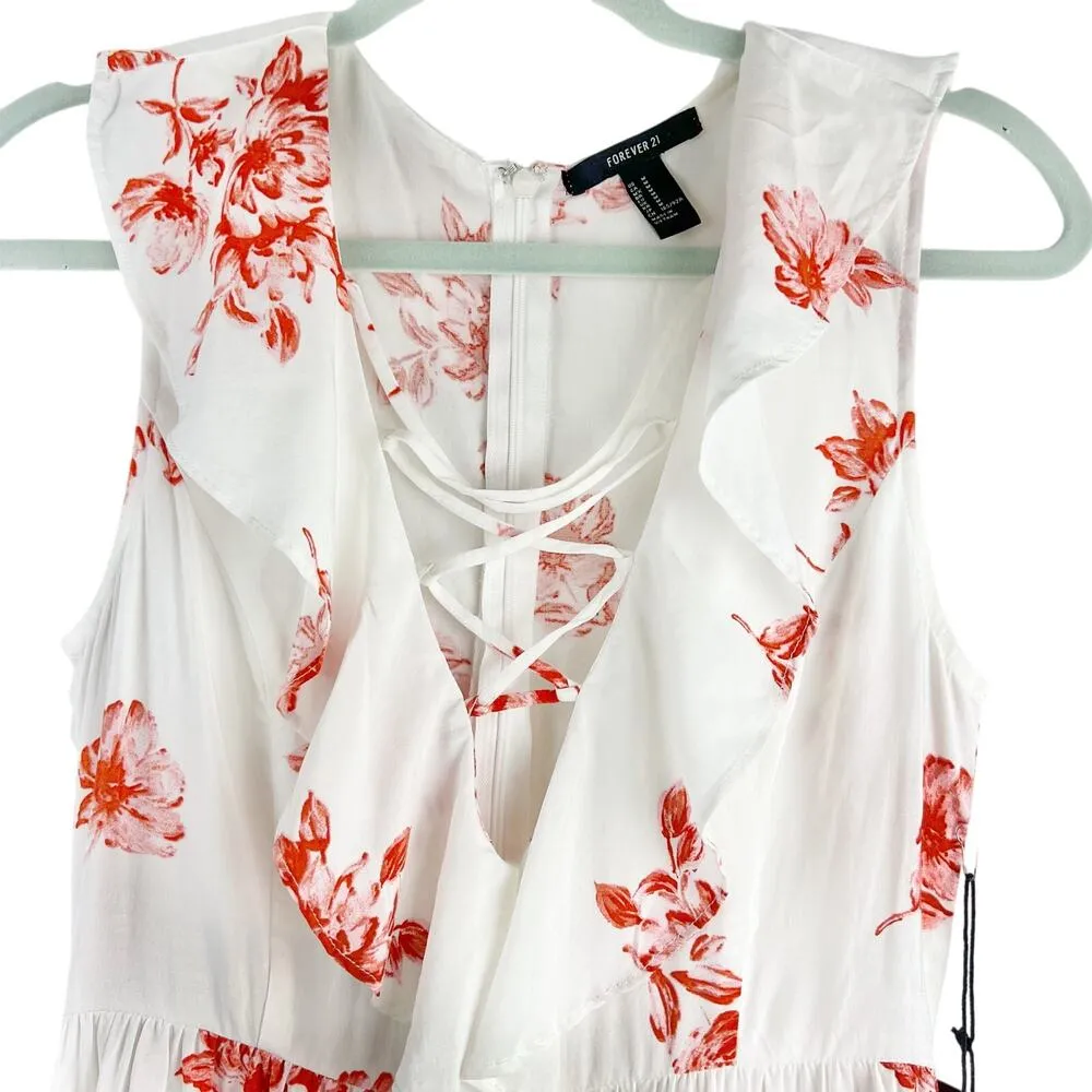 NEW  White Red Floral Ruffle Plunge Sheer Mini Dress M Coquette - Image 3