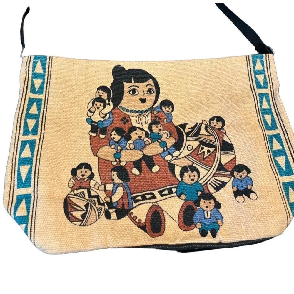 Handwoven Cotton Shoulder Bag With Tribal Family Print Blue - Image 9