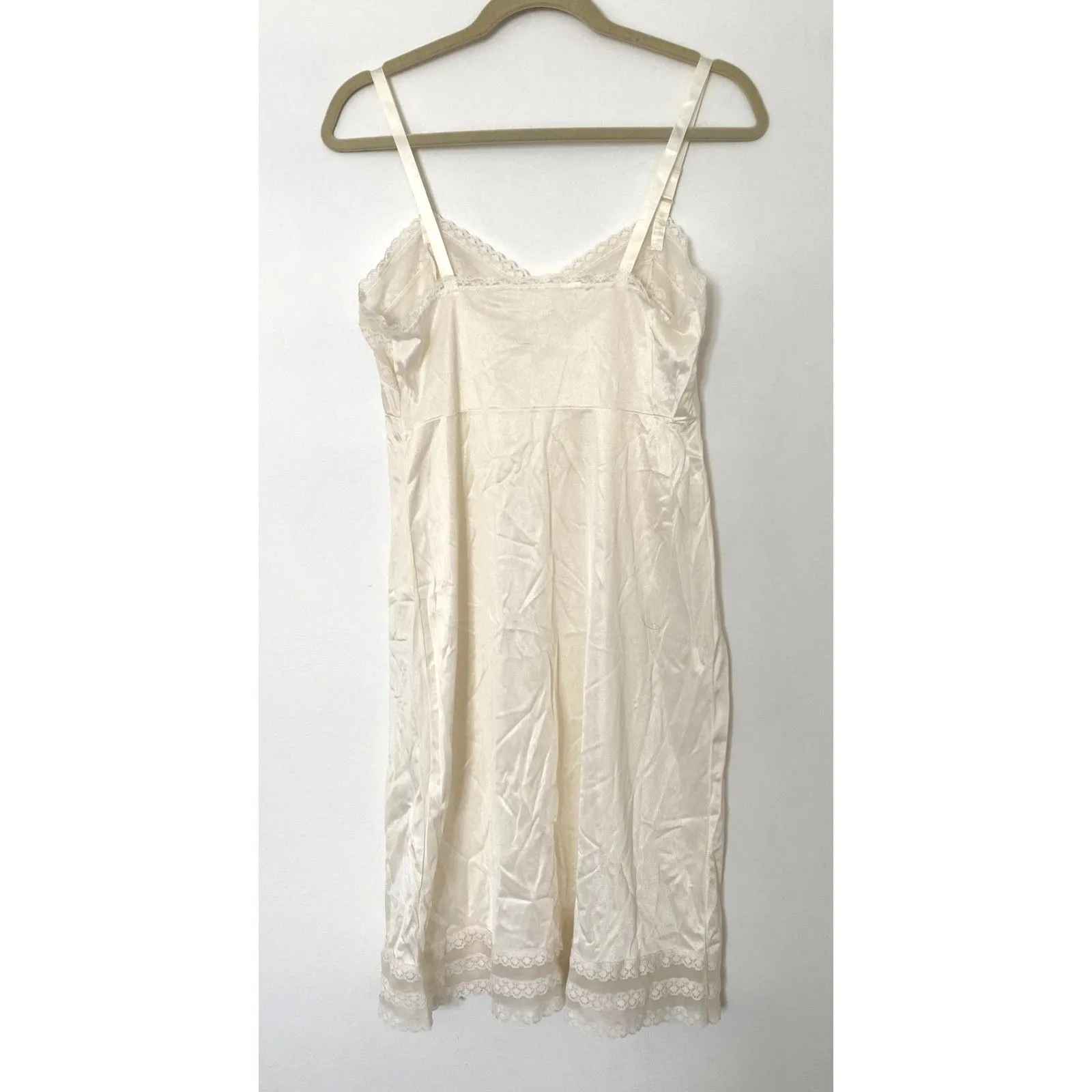 Vtg Made Nylon Full Slip Lingerie Dress Ivory Lace Sissy Retro Nightie No Sz Tag - Image 2