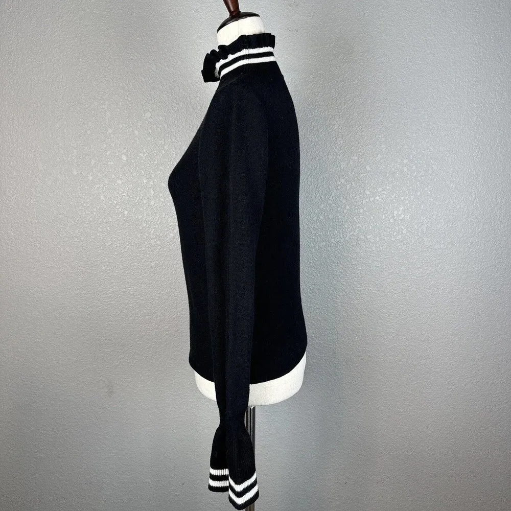 & Other Stories Women Ruffle Neck Cuff Sweater XS Black White Stripe Cotton Wool - Image 4