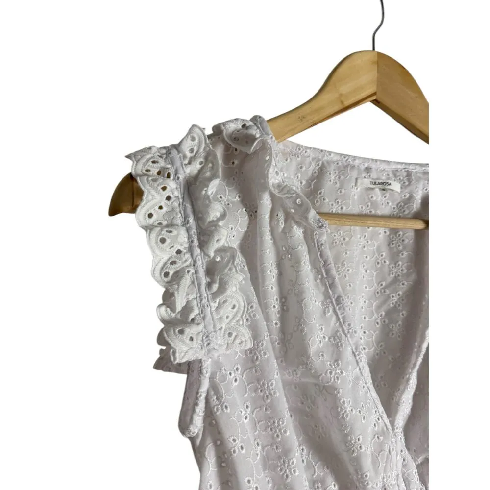 Tularosa Ryse White Ruffled Eyelet Split Neck Crop Top Size Small - Image 4