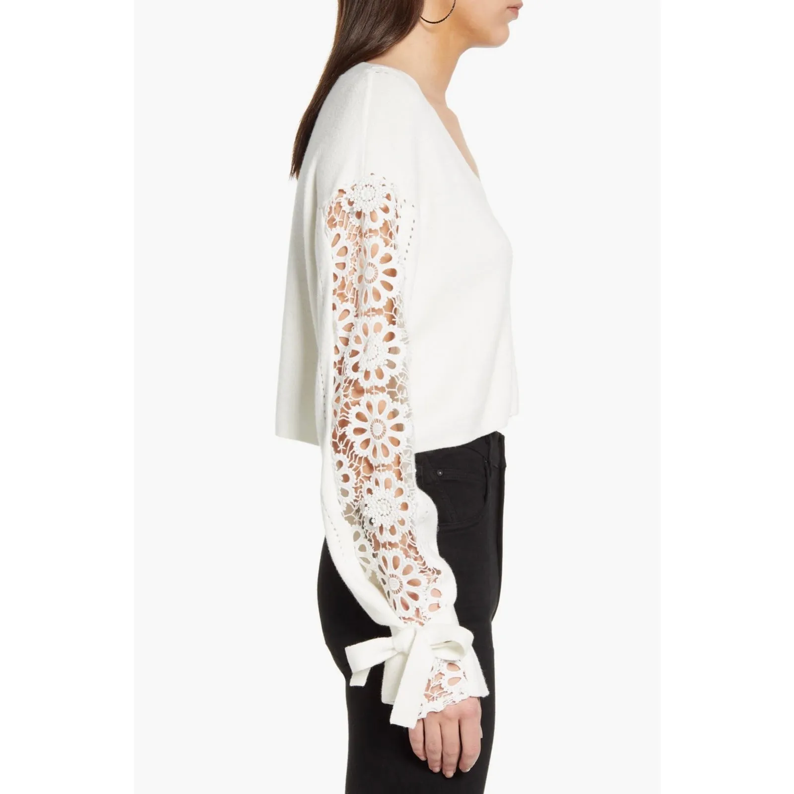 French Connection Leona Pointelle White Crochet Knit Crop Sweater Top Size XS - Image 3