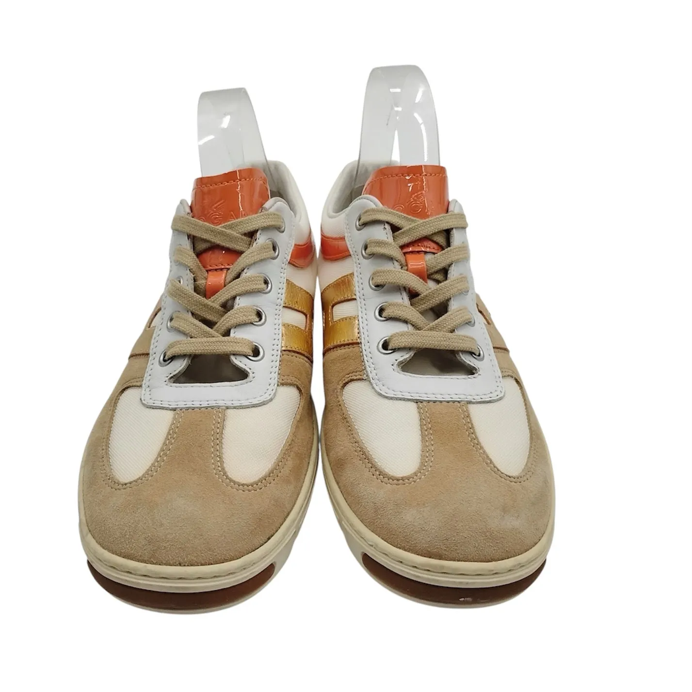 Hogan Womens Size 10 Logo Sneakers Trainers Orange Gold Tan Patent Leather Suede - Image 3