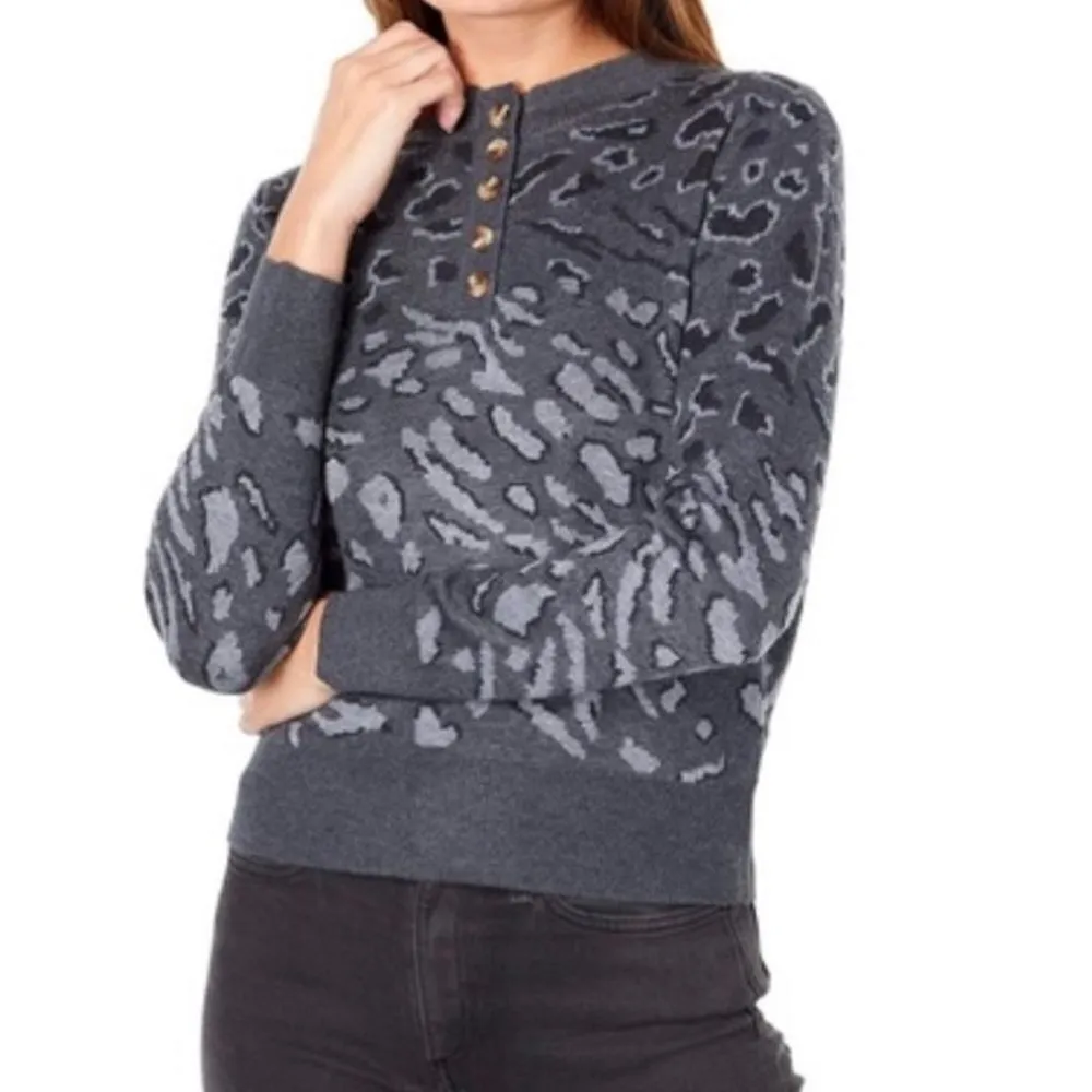 ✨ Heartloom Natalia Wool Blend Leopard Print Pullover Sweater in Charcoal Gray S - Image 2