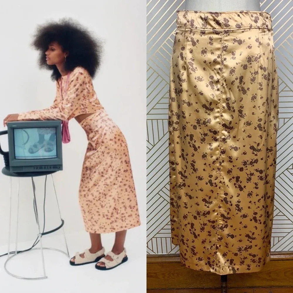 Zara Floral Print‎ Slip Midi Skirt In Tan Gold Brown Satin Size US Medium - Image 2