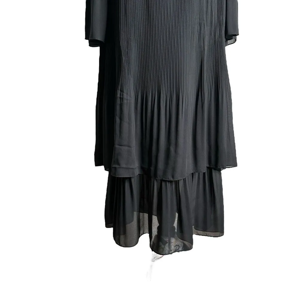 Adrienne Vittadini Black Tiered Midi Dress Pleated Bell Sleeves‎ Size 10 Ribbed - Image 7