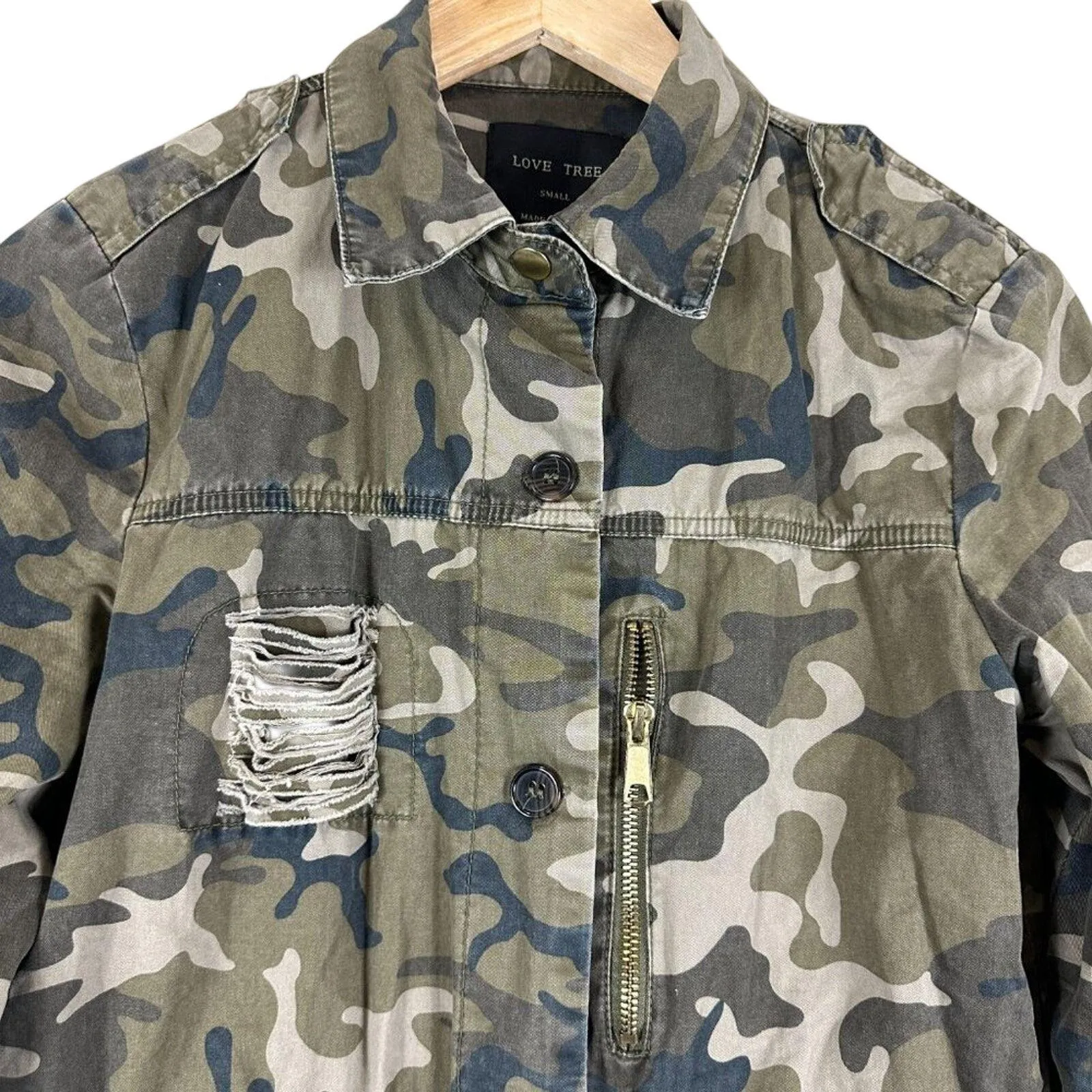 Love Tree Utility Jacket Womens S Camo Distressed Cotton Military Grunge Biker - Image 2