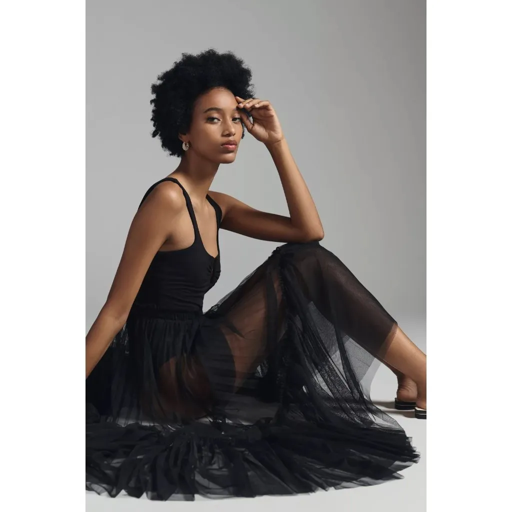 NWT Anthropologie Geisha Designs Sheer Tulle Maxi in Black Long Skirt S - Image 3