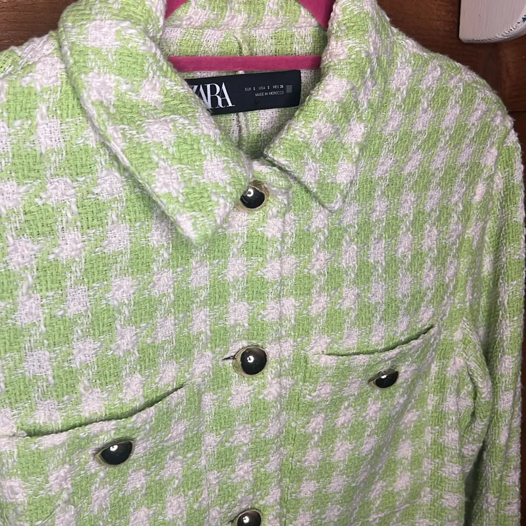Zara Lime Green Houndstooth Checkered Tweed Cropped Preppy Button Jacket Small - Image 6