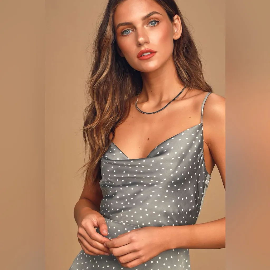 NWT Lulu’s Spot in My Heart Sage Grey Polka Dot Satin Cowl Neck Mini Dress Gray Size L - Image 3