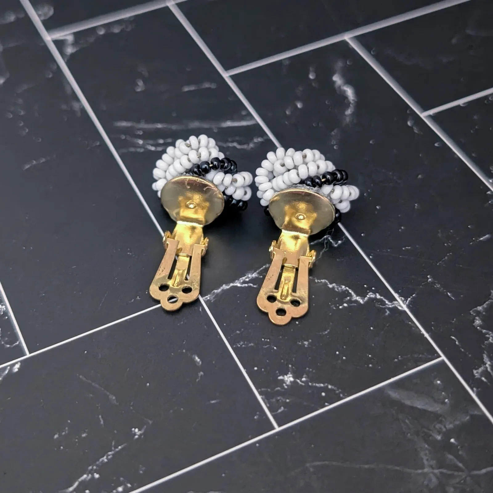 Vintage Clip On Earrings Retro Black & White Beaded Wrap Knot Design - Image 5