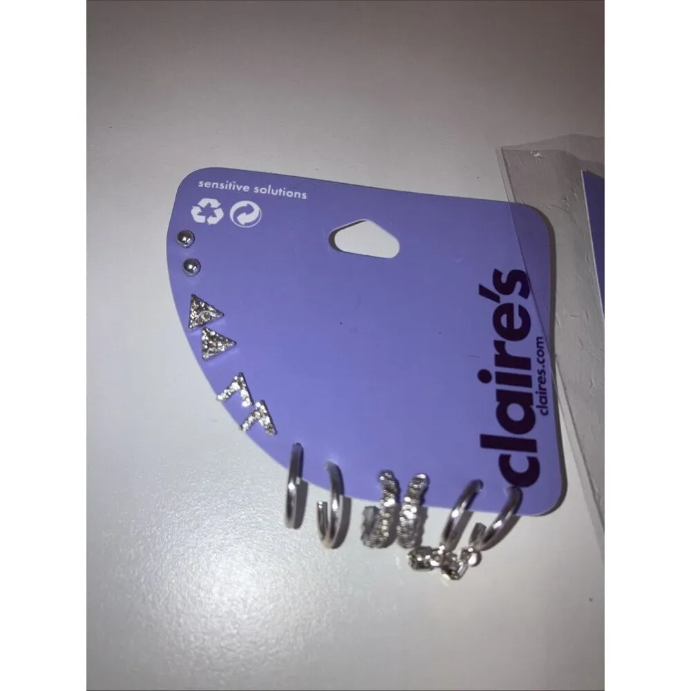 Claire’s 6prs Hoop Earrings Card, 3prs Stackable Earrings, & 1 Anklet. New Silver - Image 3