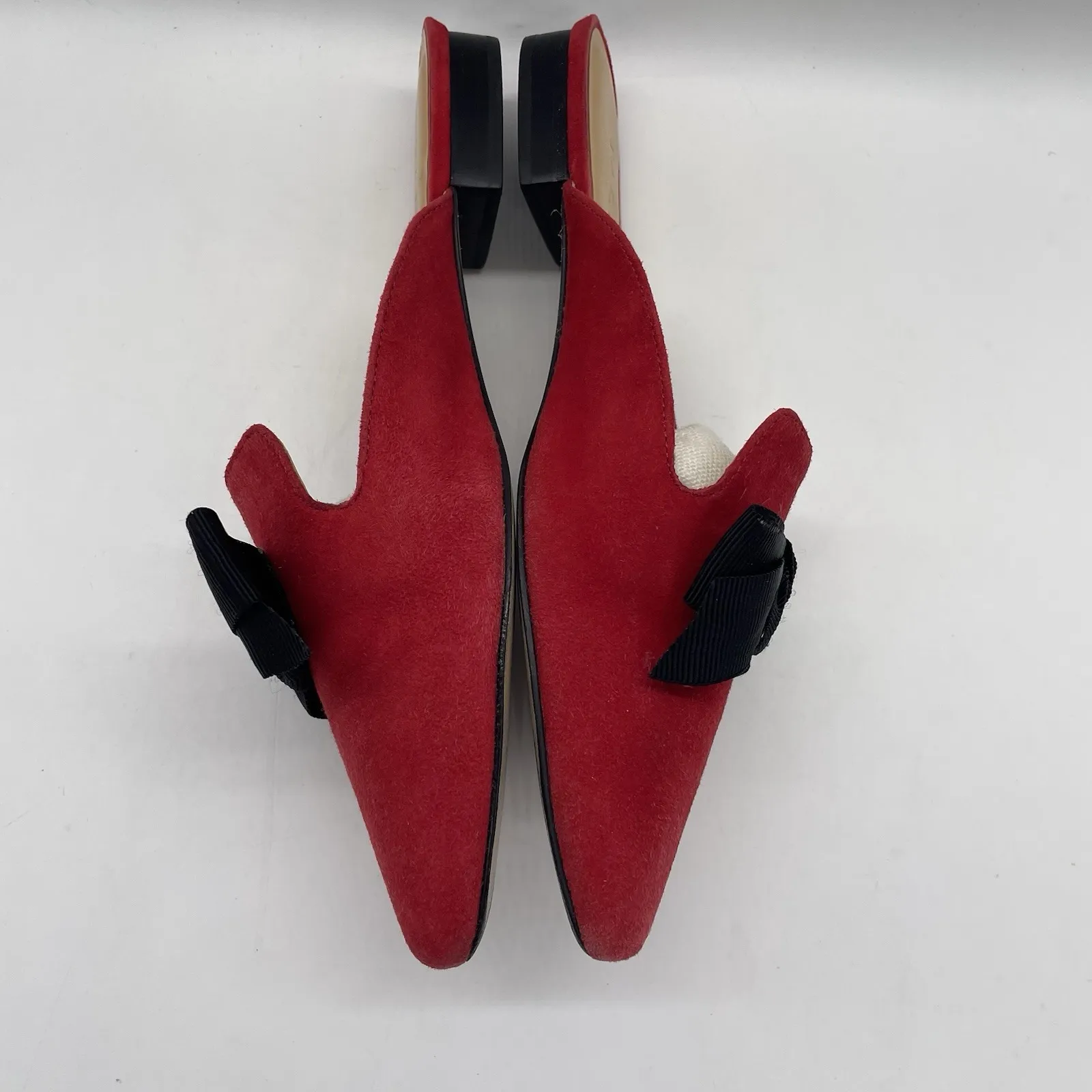 Talbots Womens 6‎ Shoes Red Suede Mules Black Ribbon Bow Slide On Flats - Image 4