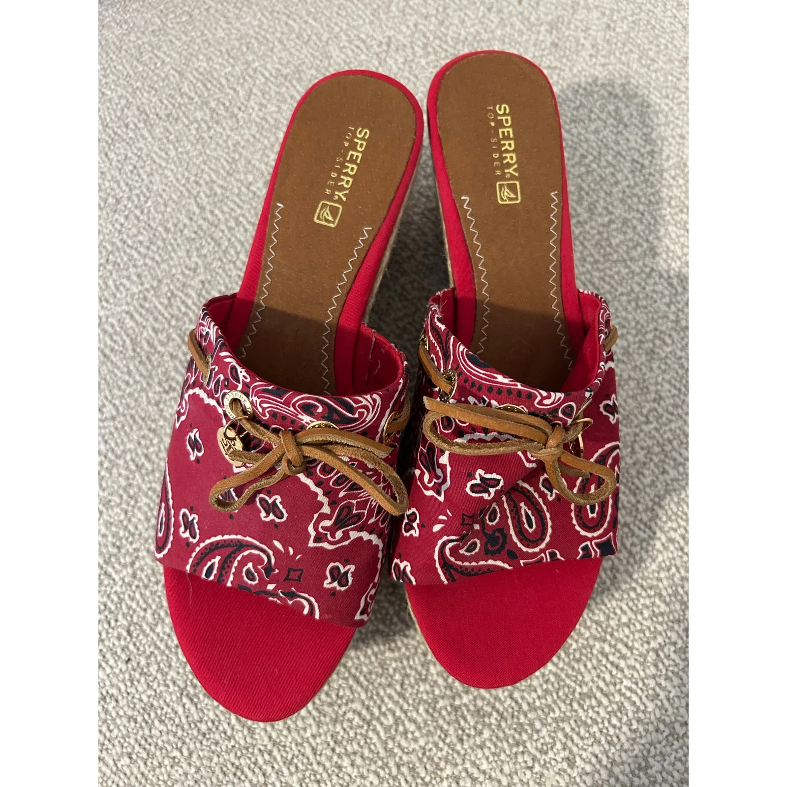 Sperry Boat Shoe Red Bandanna Paisley Print Leather Tie Espadrilles 90s Y2K 9 - Image 5