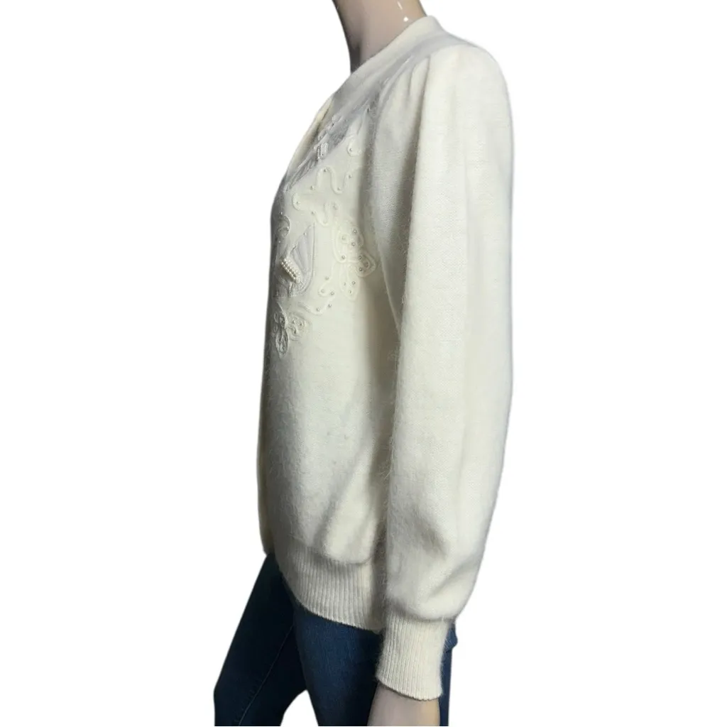 Vintage L XL Cream Ivory Bead Butterfly Embroidered Angora Knit Cardigan Sweater Size L - Image 4