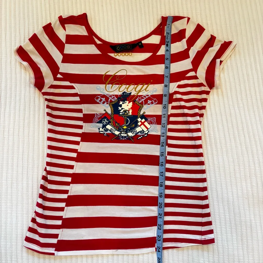 COOGI Vintage Red & White Striped Gold Detail Crest Women's Fitted T-shirt M - Image 15