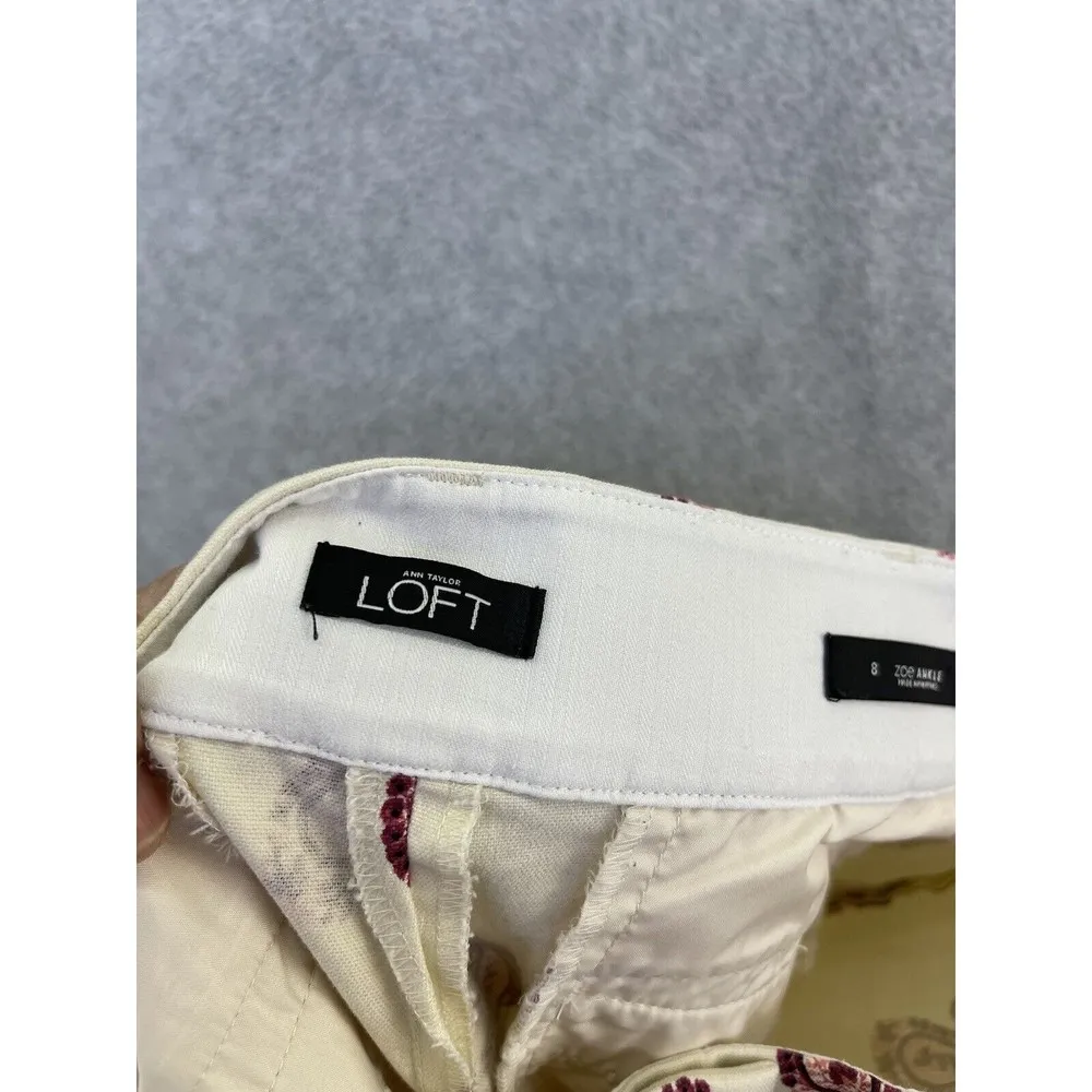 LOFT Ann Taylor Women's ZOE Ankle Pants Off White Paisley Print Size 8 Cotton - Image 5