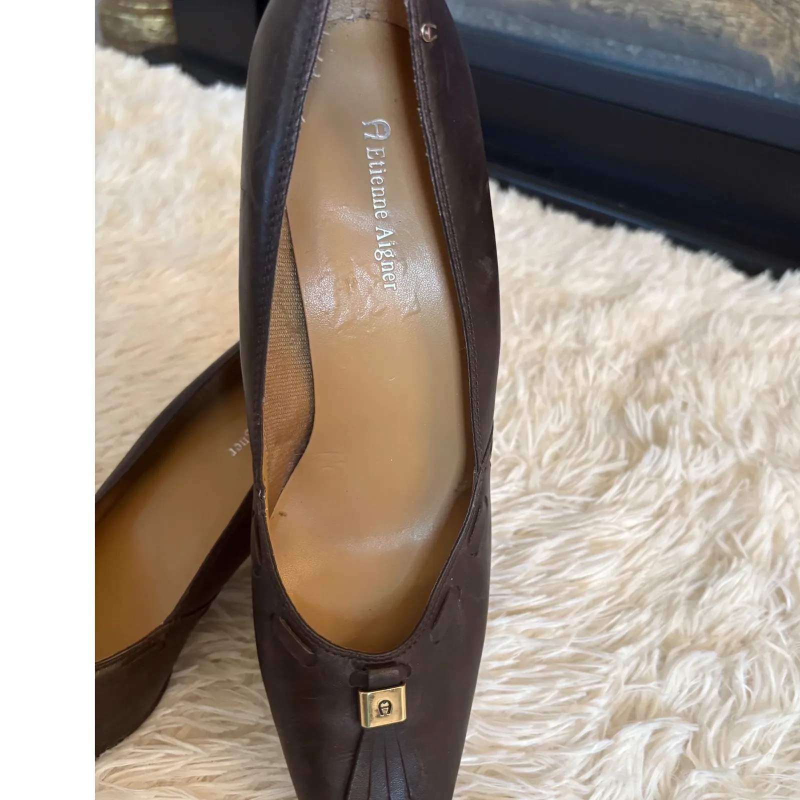 Etienne Aigner Chocolate Brown Leather‎ Pumps Gold Tassel Accent Heels 9.5M - Image 2