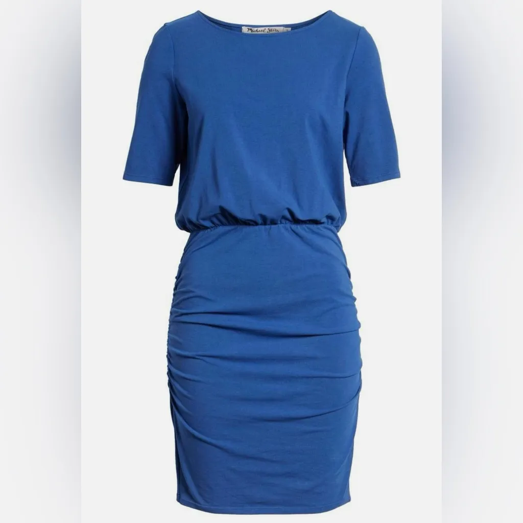 Michael Stars Boatneck Elbow Sleeve Stretch Ruched Dress in Mosaic Blue Size XL‎ - Image 6