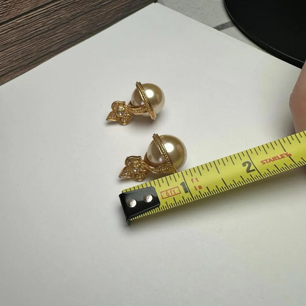 Joan Rivers Fleur De Lis Faux Pearl Rhinestone Gold Tone Pierced Earrings - Image 5