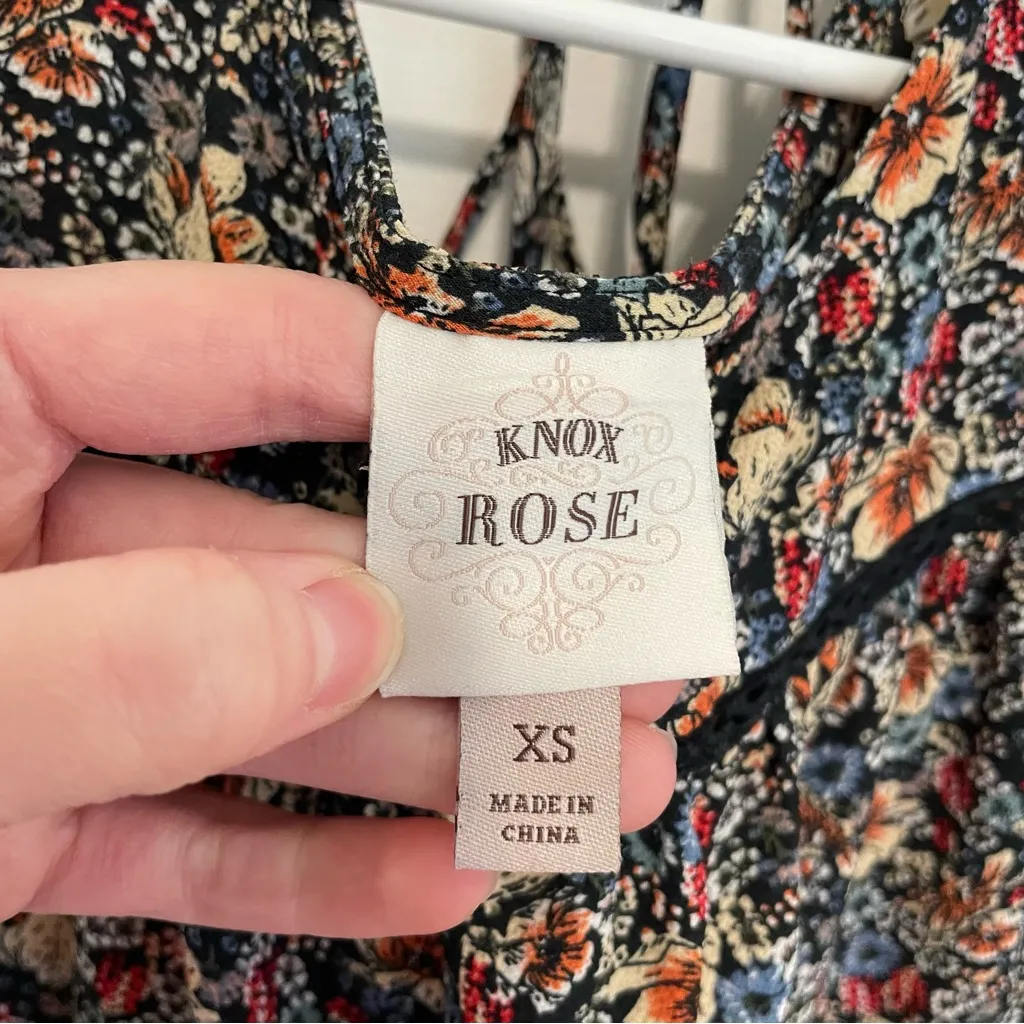 KNOX ROSE Smocked Floral Tie Back Top Black Etc Boho Long Sleeve Peasant Blouse - Image 7