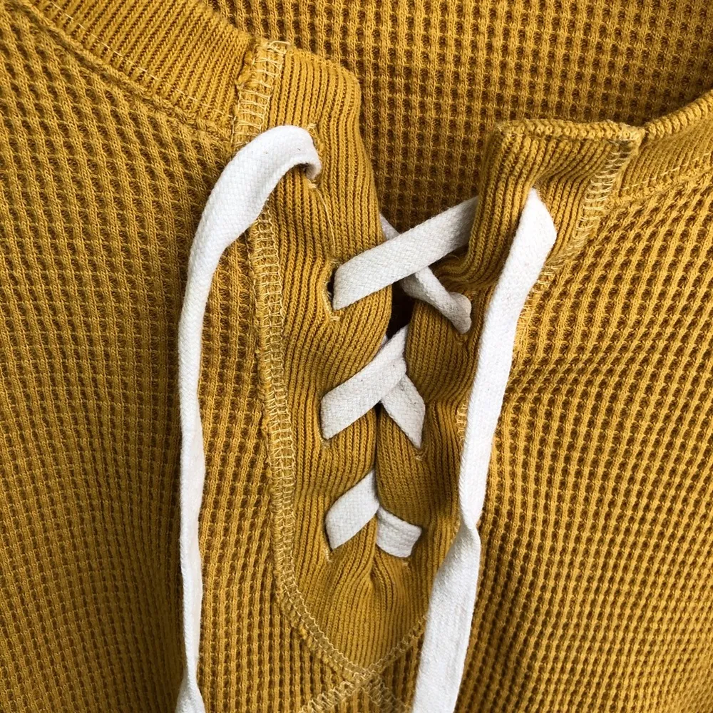Abercrombie Fitch Women’s Mustard Yellow Waffle Knit Long Sleeve Lace Small - Image 6