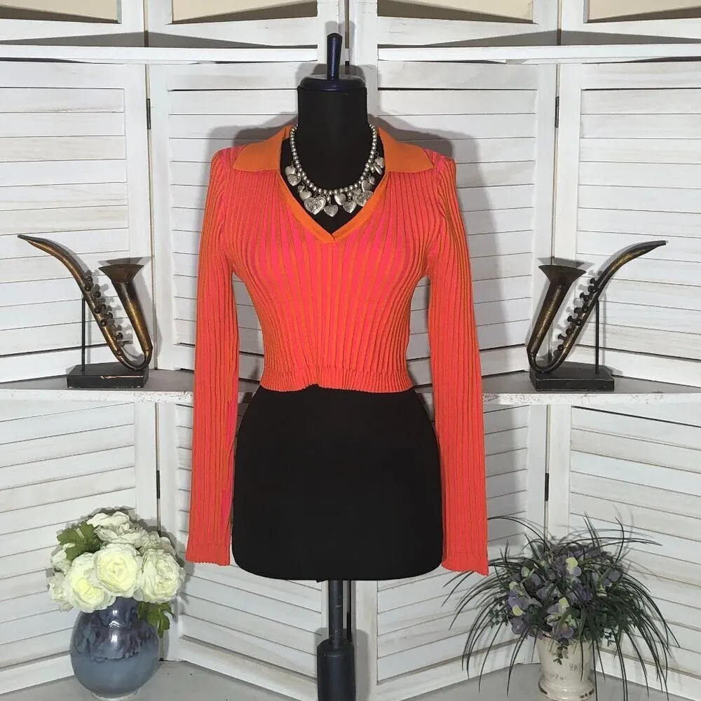 PrettyLittleThing Pink Orange Knit Cropped Top Small - Image 3