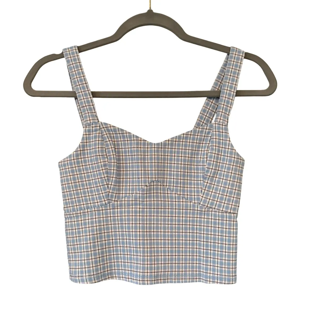 NWT, Hollister Blue Fitted Stretch Crop Tank Top, Blue and White Plaid, Sz S - Image 2