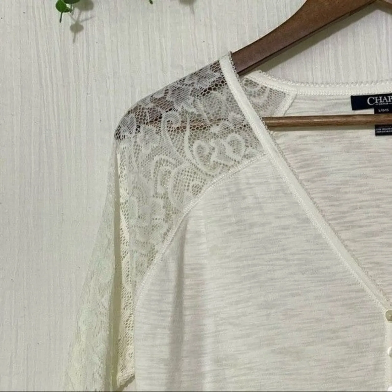 Chaps Denim Shirt 3/4 Sheer Lace Sleeve Button V-Neckline Off White Large - Image 3