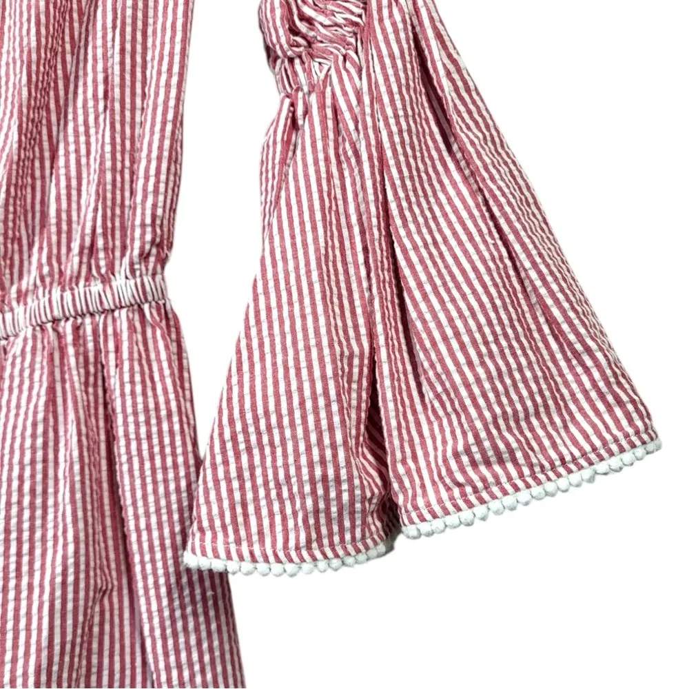 Alexis Carolina Seer Sucker Off The Shoulder Striped Romper in Red/White - Image 4