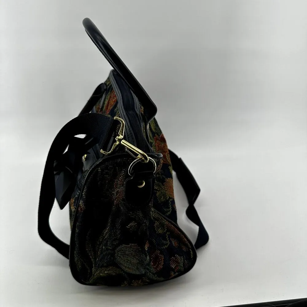 Vintage Jaguar Tapestry Floral Luggage Duffle Bag Crossbody Strap Leather Navy Blue - Image 6