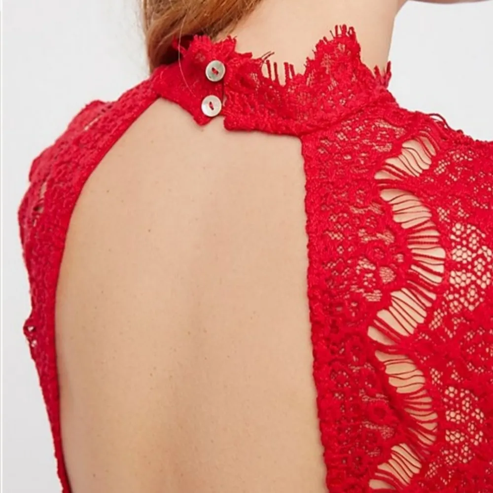 Free People Intimately Cherry Red Lace Openback Mini Dress Medium - Image 3