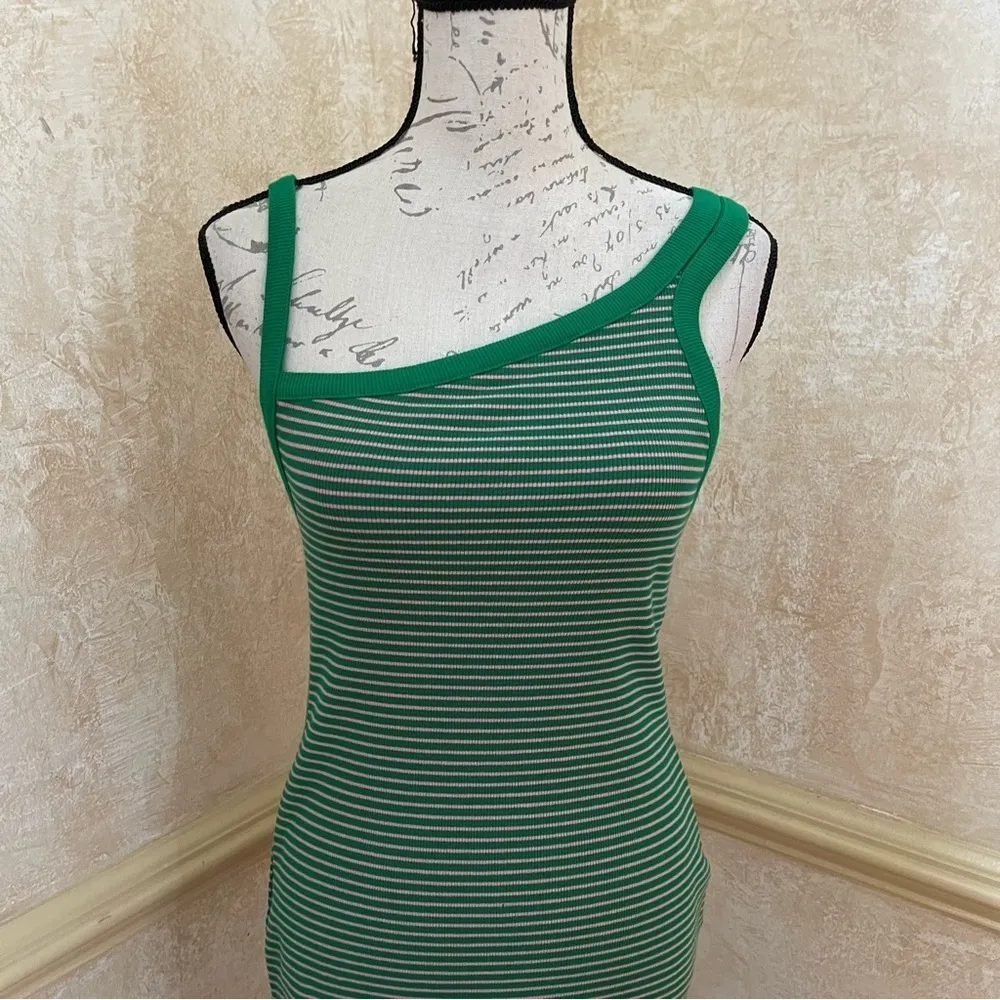 ZARA Asymmetric Bodycon MIDI Cotton Dress Green Pink striped Sz L - Image 5