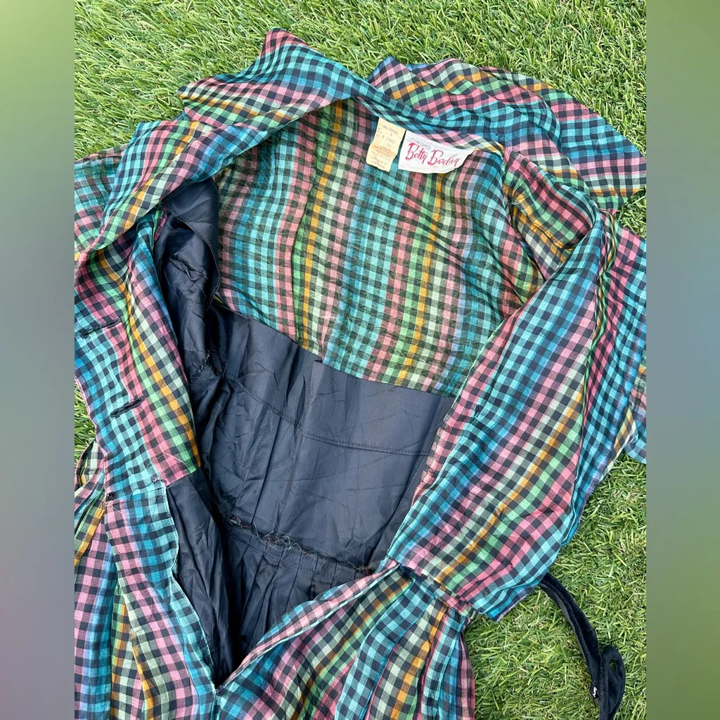 NWT Deadstock Vintage 1950s Betty Barclay Rainbow Plaid Silk Dress - Image 9