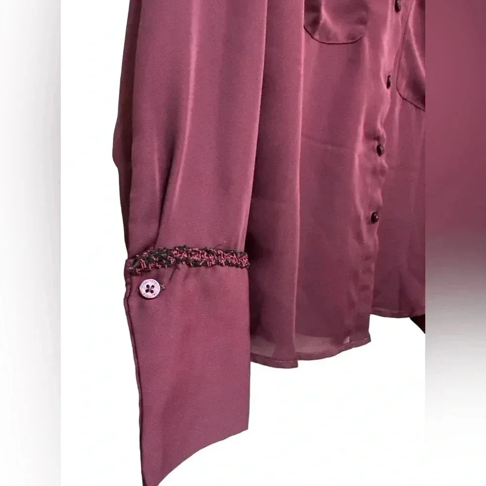 Laundry by Shelli Segal Burgundy Blouse Boucle Trim Long Sleeve Sheer - Image 4