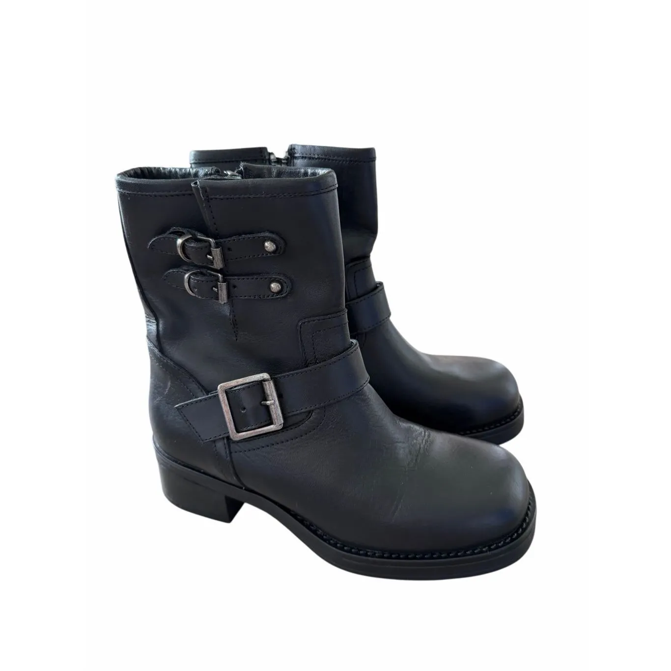 Steve Madden Leather Combat Boots 7 Black Antique Finished Buckles Chunky Sole - Image 2