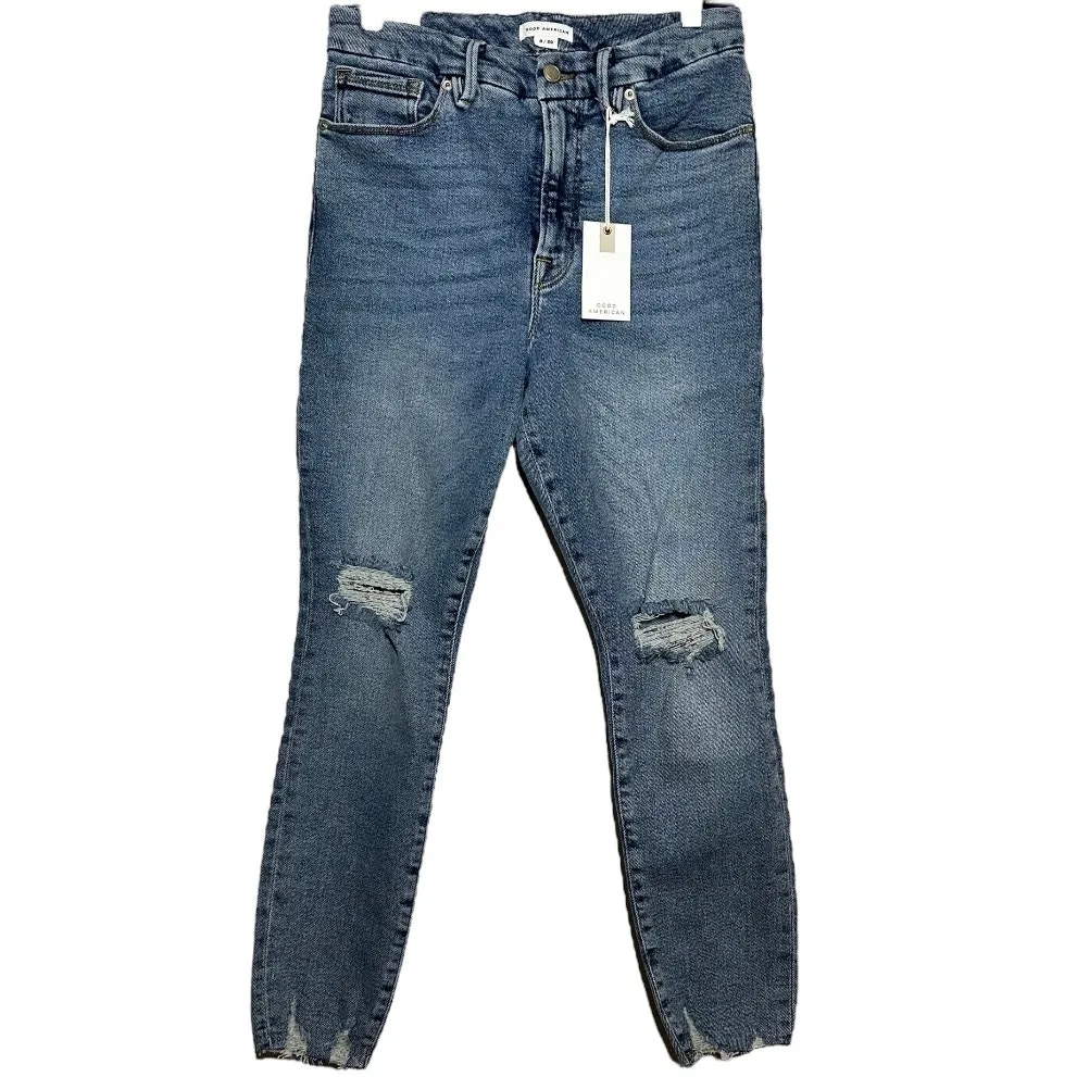 Good American Jeans Good Waist Crop Skinny High Rise Chewed Hem Blue799 8/29 NWT - Image 4