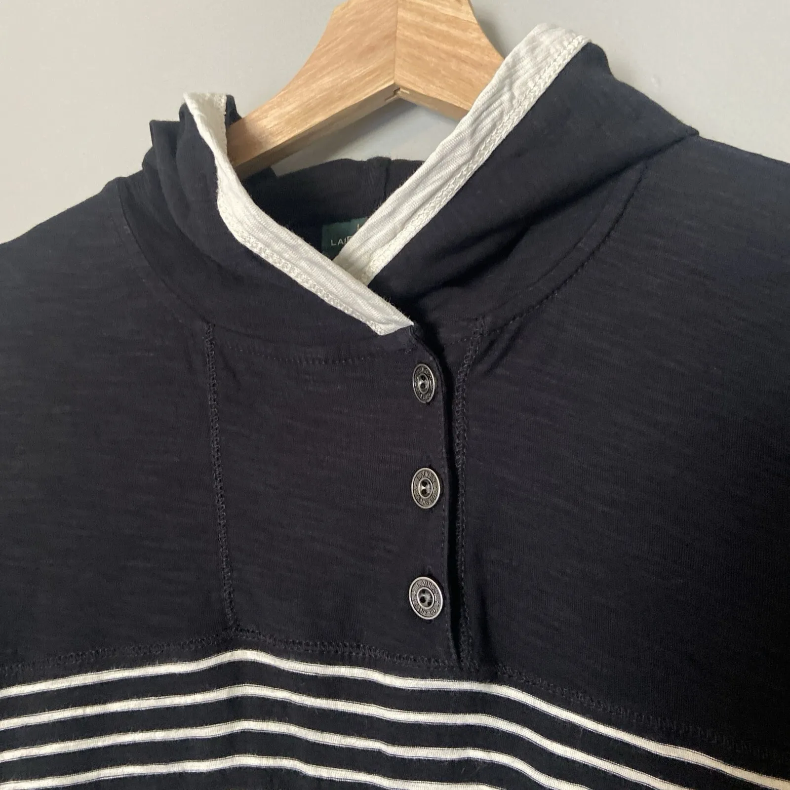 Ralph Lauren Women's Hooded Sweater Striped Black Cream Women's Size M Fisherman - Image 2