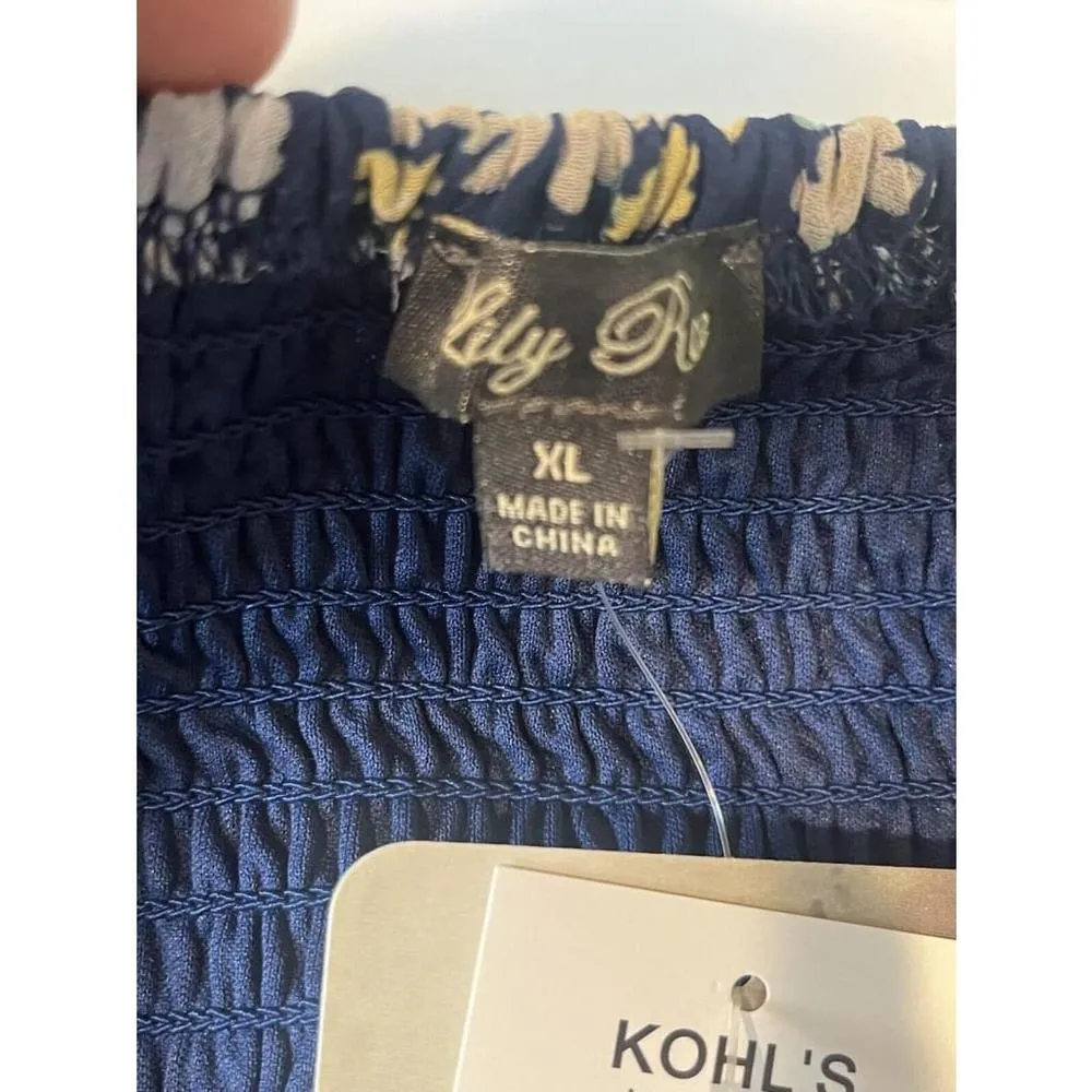 Lily Rose Mini Dress Womens XL Floral Blue Cap Sleeve Tie Waist Low Square Neck - Image 6