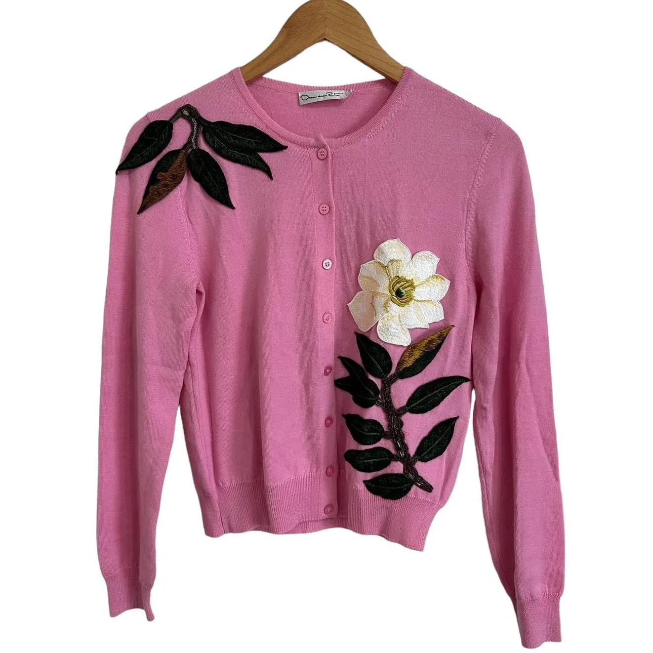 Oscar de la Renta Floral Embroidered wool Cardigan pink size Small $3411 - Image 2