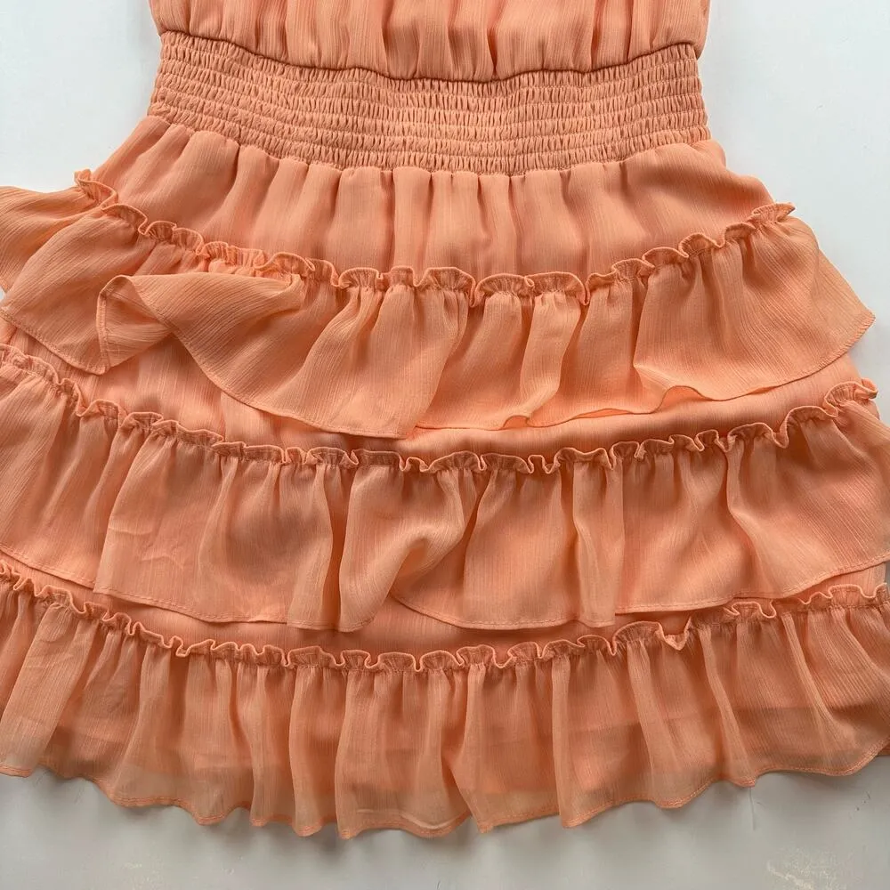 Express Peach Smocked Tiered Mock Neck Dress Ruffle Sleeveless Chiffon Small - Image 8