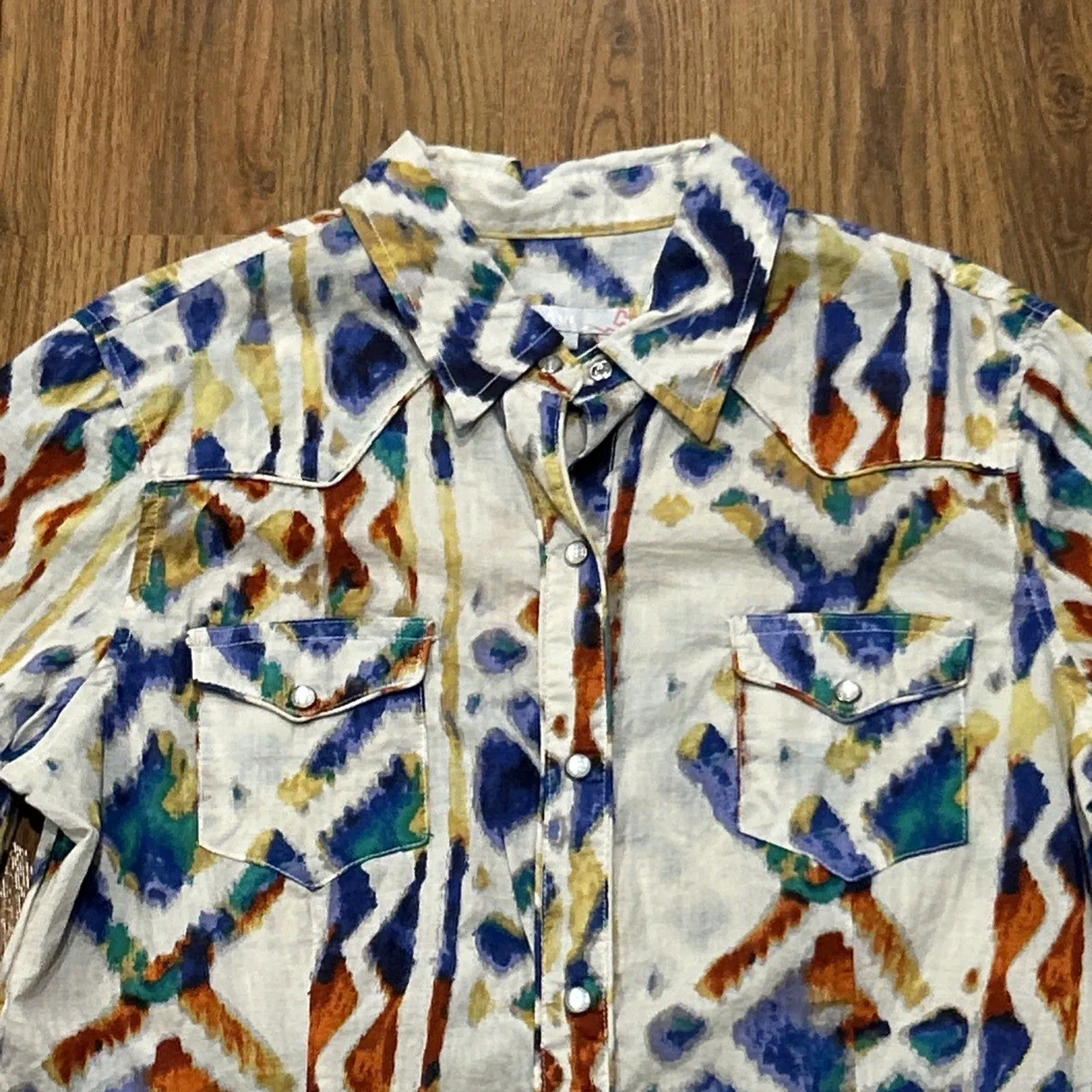 Tin Haul Shirt Womens Large Cowgirl Pearl Snap Cream Blue Red Western Rodeo - Image 5