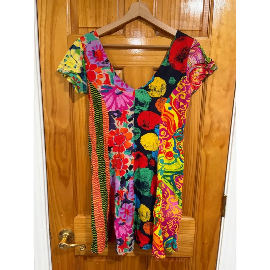 Vintage James World Patchwork Mini Dress Santa Monica Graphic Floral Womens Larg - Image 6