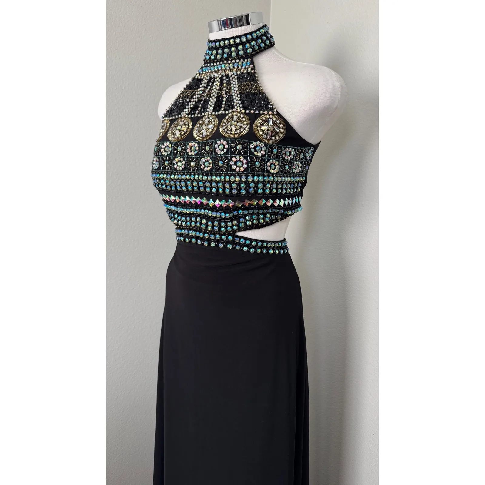Crystal Doll Black Halter Neck Cutout Beaded Maxi Dress Size 9 Prom Formal - Image 3