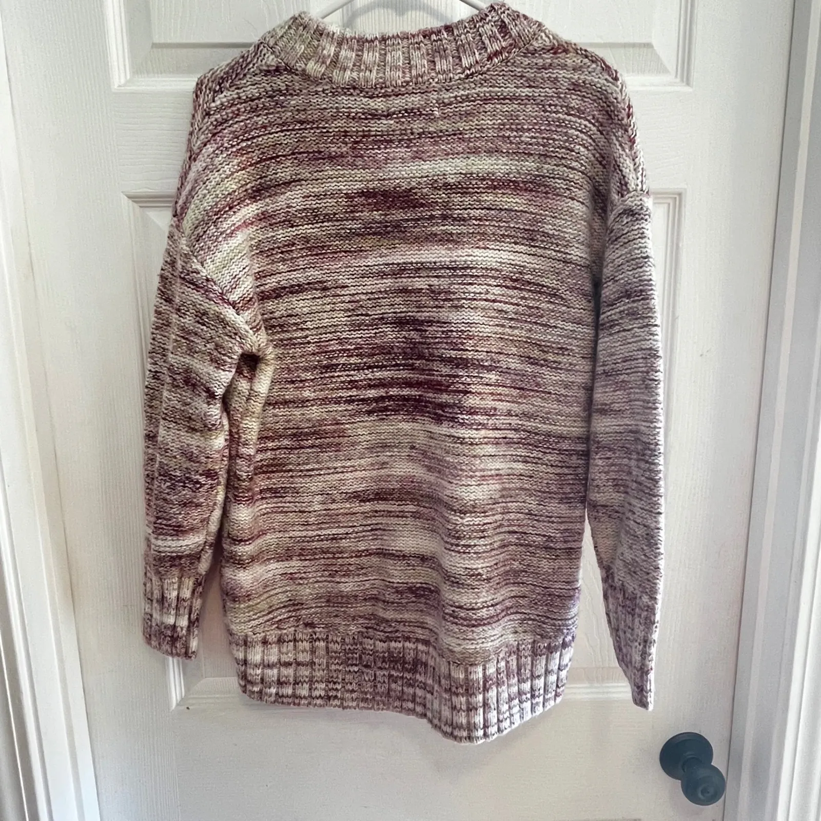 Chunky Knit Mock Neck Sweater Marled Burgundy Cream Oversized Cozy Medium - Image 12