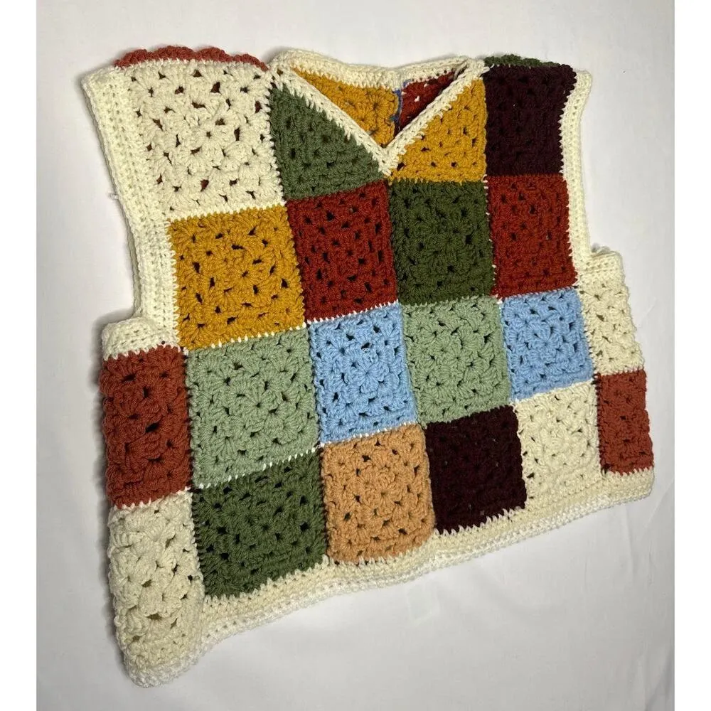 Vintage OOAK Handmade Crocheted Patchwork Hippie crop Vest Multicolor medium Brown - Image 14