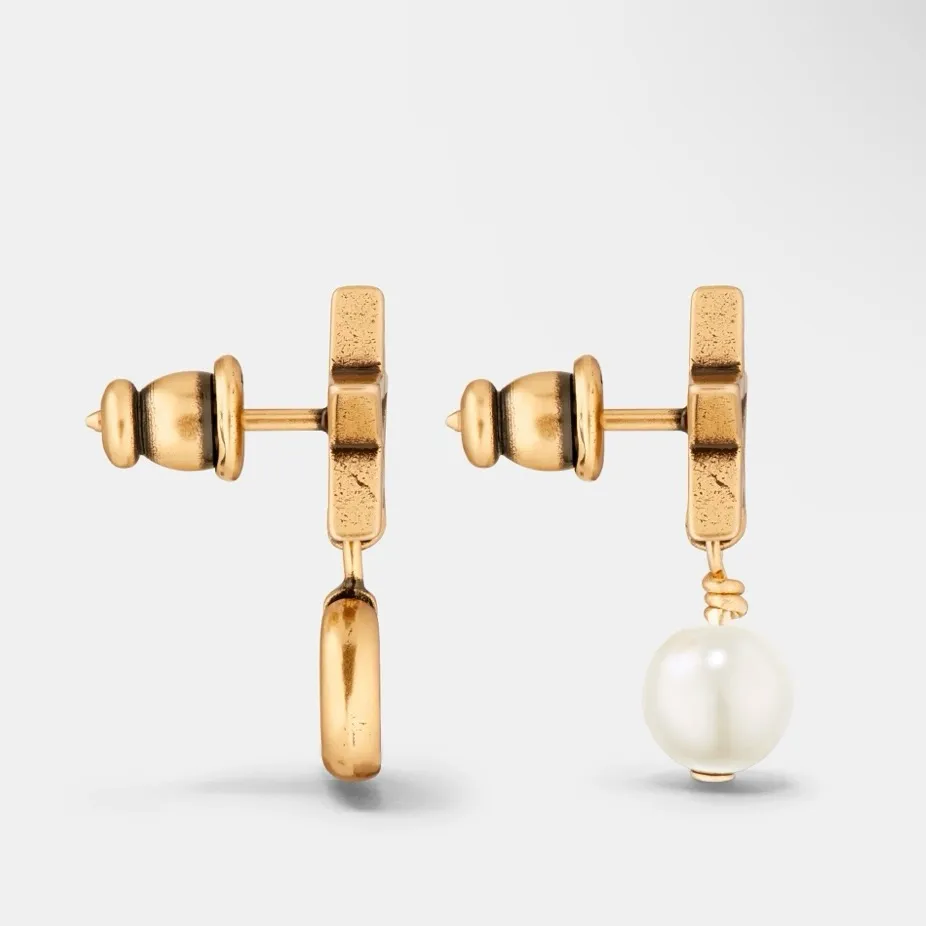 DIOR LUCKY CHARMS STUD EARRINGS Antique Gold-Finish Metal White Resin Pearl - Image 2