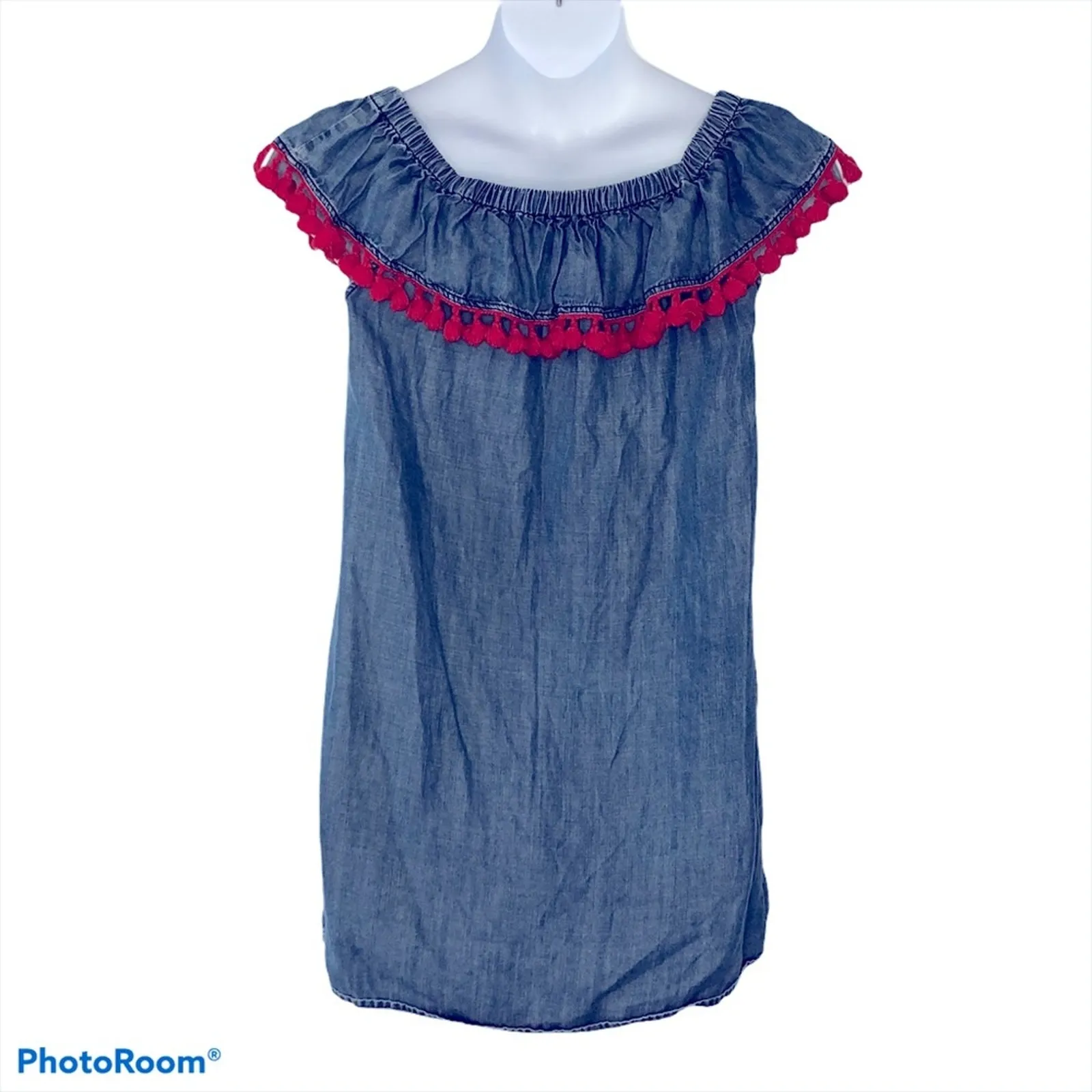 Saks Fifth Avenue Chambray Off Shoulder Tassel Dress Small Blue Red - Image 12